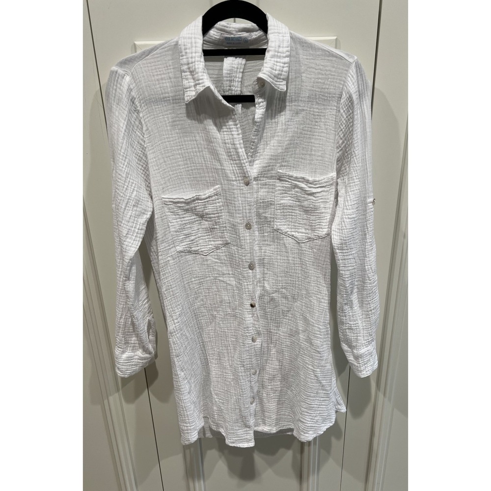 4our Dreamers White Cotton Gauzy Swim Cover Up Button Up Beach Pool Resort Vacay